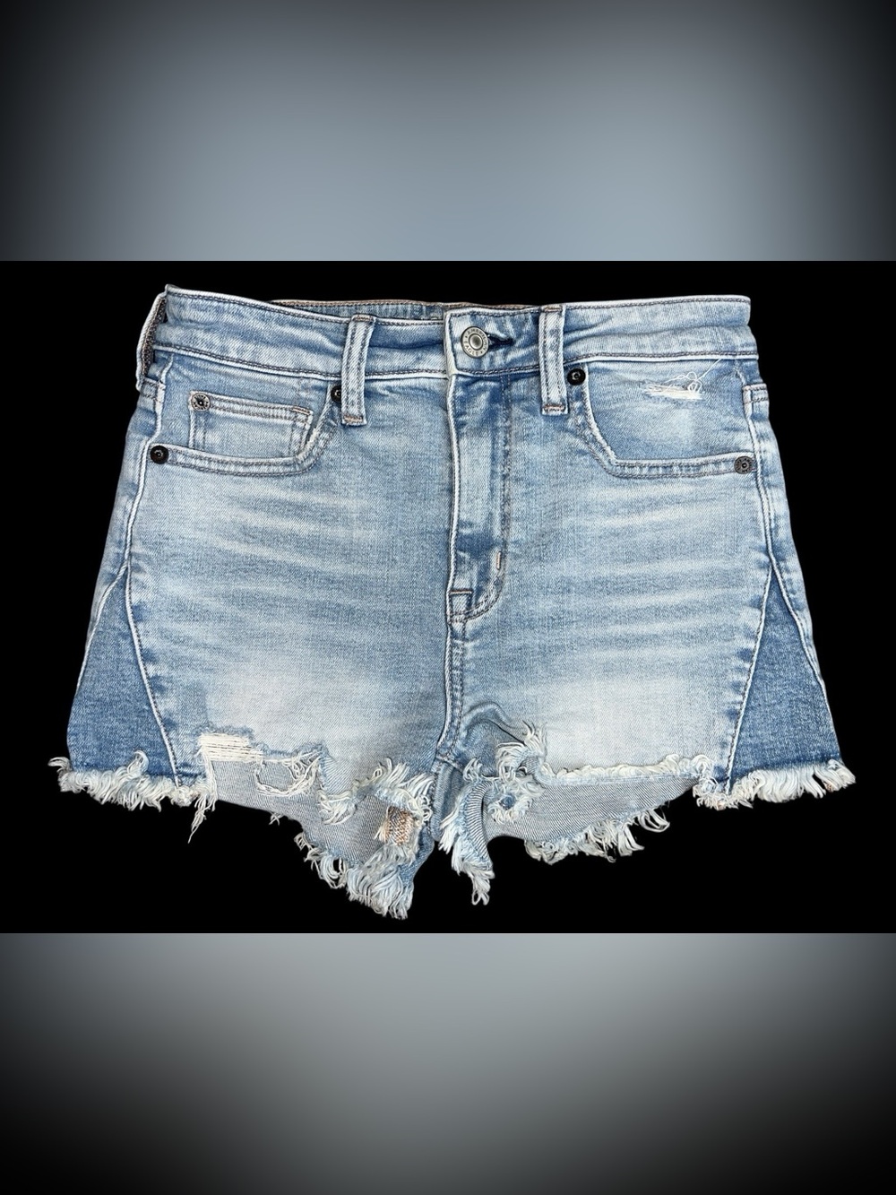 American Eagle Super Stretch Super Hi Rise Shortie Sz 2 Distressed Denim